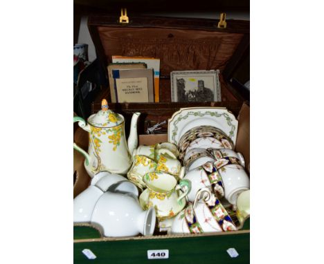 A BOX AND VINTAGE SUITCASE OF CERAMICS AND BOOKS, including Paragon 'Laburnum' tea set (teapot cracked), Victoria Cartwright 