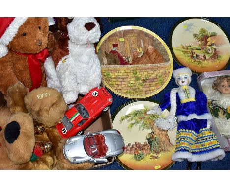 A BOX OF TOYS AND THREE ROYAL DOULTON SERIESWARE CHARGERS, to include a boxed Windsor Collection collectors doll on a hanging