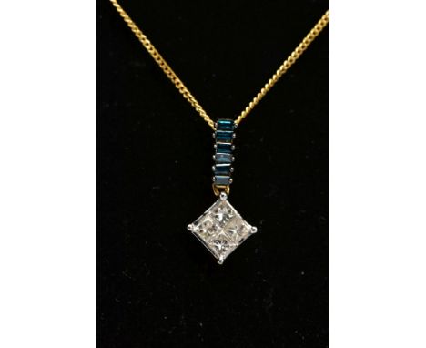 A YELLOW METAL DIAMOND PENDANT NECKLACE, the pendant set with four princess cut diamonds, suspended from a rectangular cut bl