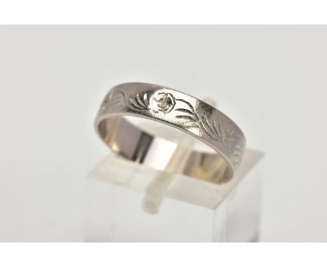 AN 18CT WHITE GOLD WEDDING BAND, engraved floral design, hallmarked 18ct gold Birmingham, ring size O, approximate gross weig