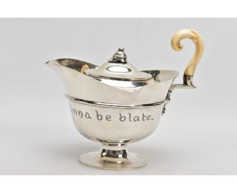 A VICTORIAN SILVER SAUCE BOAT, plain polished design, engraved round the body 'Help yersel an' Dinna be blate' translate to '