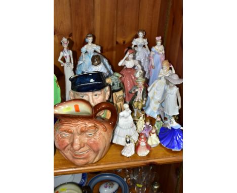 EIGHTEEN FIGURINES AND TWO CHARACTER JUGS, to include Royal Douton 'John Barleycorn Old Lad' D5327 and 'Golfer' D6627 charact