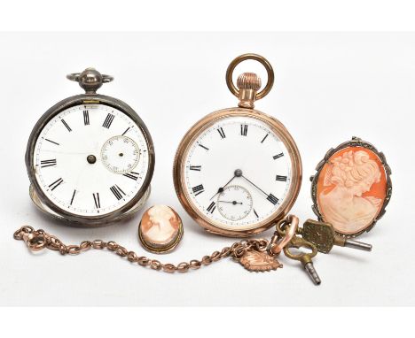 A SILVER OPEN FACE POCKET WATCH, GOLD-PLATED POCKET WATCH, ALBERT CHAIN AND TWO CAMEO BROOCHES, the first an AF silver open f