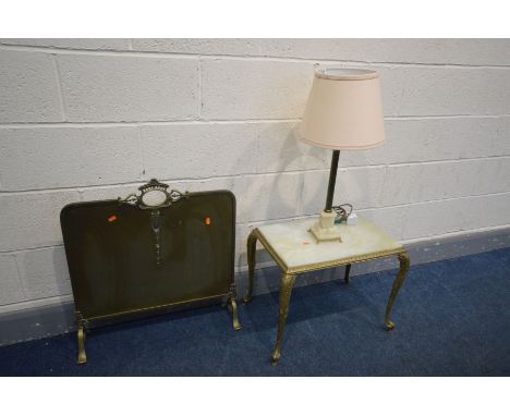 A BRASS AND ONYX OCCASIONAL TABLE, together with a similar table lamp with shade and a brass fire screen (3)