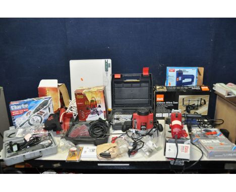 A TRAY CONTAINING THREE POWER DEVIL POWER TOOLS including a router, angle grinder and electric plane, a boxed Clarke rotary t