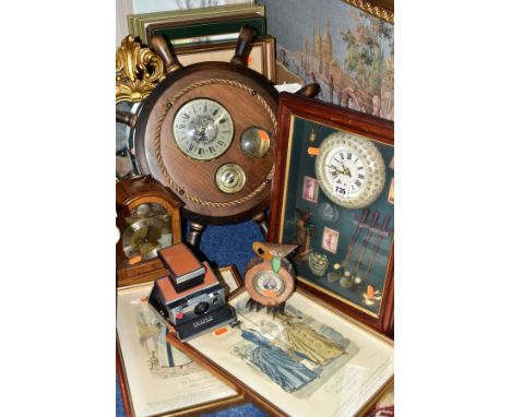 ONE BOX AND LOOSE PICTURES, CLOCKS, MIRROR &amp; VINTAGE CAMERA, to include a vintage Polaroid SX-70 Land Camera, four contem