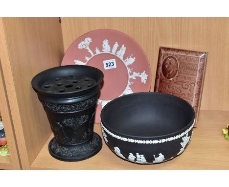 THREE PIECES OF WEDGWOOD JASPERWARE/BLACK BASALT AND A LATE 19TH CENTURY BROWN GLAZED WEDGWOOD TILE, impressed '1730-1795' ar