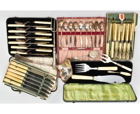 A BOX OF CUTLERY, to include a cased twelve piece fish knife and fork set, each fitted with an ivorine handle, a cased nine p