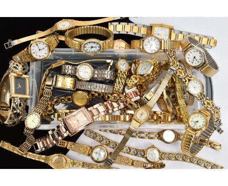 A SMALL BOX OF MAINLY LADY'S GOLD PLATED WRISTWATCHES, to include a hinged leopard bangle watch, Sekonda, Accurist, Limit, Ci