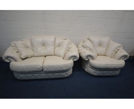 A CREAM BUTTONED LEATHER THREE PIECE LOUNGE SUITE, comprising a three seater sofa, approximate length 250cm x depth 120cm x h