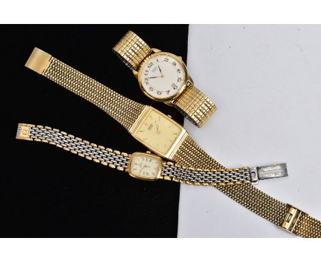 A LADIES 'OMEGA' WRISTWATCH AND TWO GENTS 'SEIKO' WRISTWATCHES, the ladies watch with a rounded rectangular dial signed 'Omeg