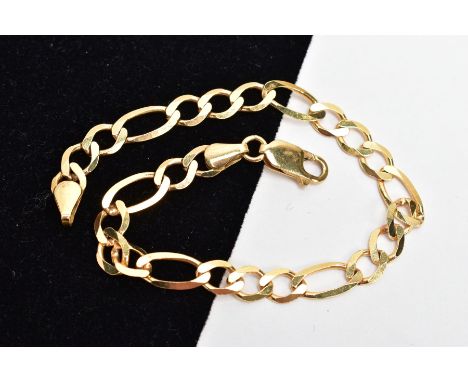 A 9CT GOLD FIGARO BRACELET, flat links fitted with a lobster claw clasp, hallmarked 9ct gold Sheffield, length 100mm, approxi