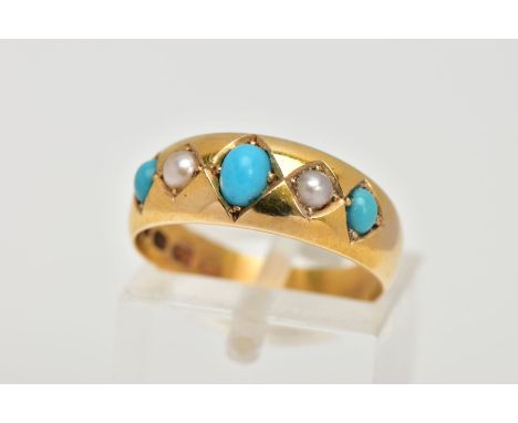 A LATE 19TH CENTURY,  18CT GOLD TURQUOISE AND SEED PEARL RING, designed with a row of three oval turquoise cabochons, intersp