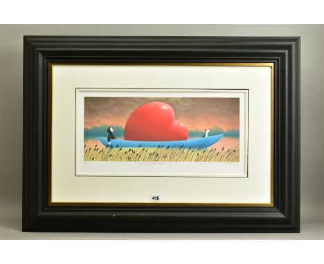 MACKENZIE THORPE (BRITISH 1956) 'CROSSING THE POND',  a signed limited edition print 6/49, depicting a boy, dog and giant lov