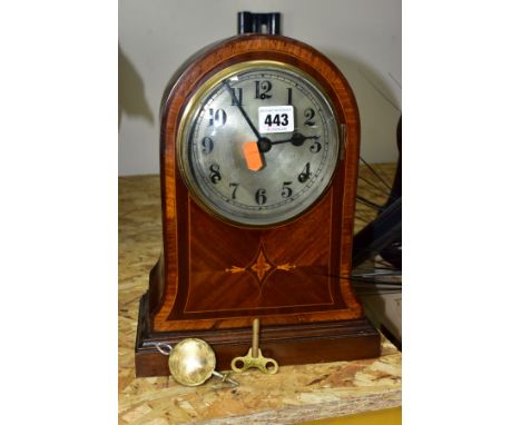 AN EDWARDIAN MAHOGANY AND INLAID MANTEL CLOCK, circular silvered dial with Arabic numerals, eight day movement, gong strike, 