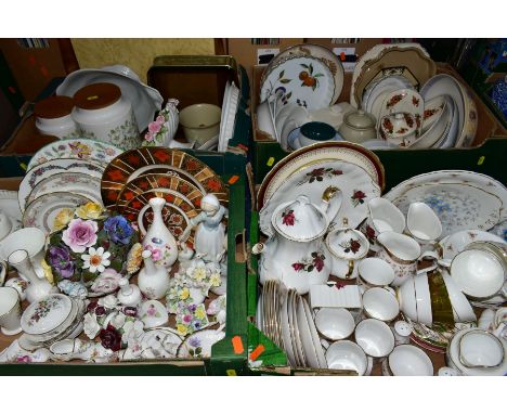 FOUR BOXES OF CERAMICS, ETC, to include Sheridan, Queens China 'Olde England', Albany and Sutherland part teasets, Coalport, 