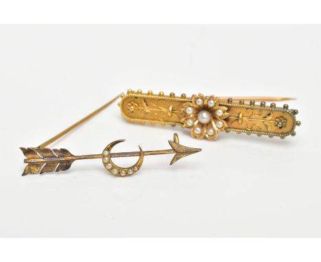 TWO YELLOW METAL SEED PEARL BROOCHES, the first a bar brooch, set with a seed pearl flower, on a floral and applied bead work