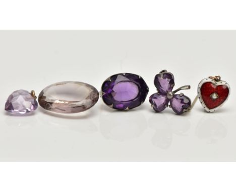 A RED MATERIAL TRINKET BOX WITH ITEMS, to include a silver 'Charles Horner' oval amethyst brooch, hallmarked Chester 1907, an