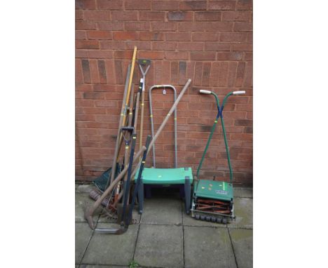 A QUALCAST PANTHER 30DL PUSH LAWNMOWER, plastic seed spreader, garden stool and a quantity of garden tools (15+)