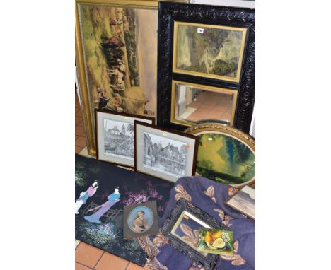 PAINTINGS AND PRINTS etc to include an oil on board portrait of a Victorian female figure, splits to the board, approximate s