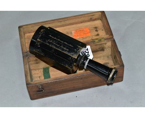 A STANLEY SURVEYORS CROSS STAFF COMPASS IN MAHOGANY CASE, makers name and address inscribed to the case, owners name also ins