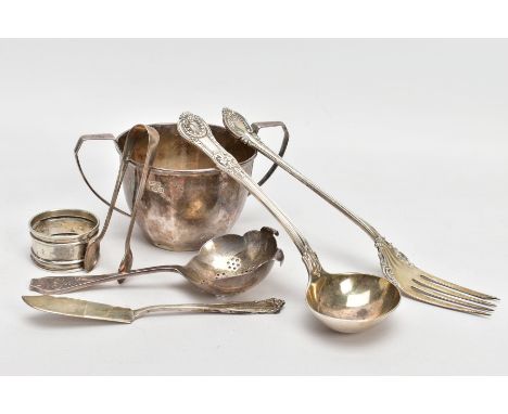 A SELECTION OF SILVER AND WHITE METAL ITEMS, to include a plain polished, double handled sugar bowl, hallmarked 'F H Adams &a