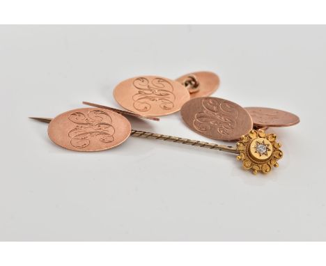 A PAIR OF 9CT GOLD CUFFLINKS, A SINGLE CUFFLINK AND A STICK PIN, a pair of rose gold cufflinks, oval form with engraved initi