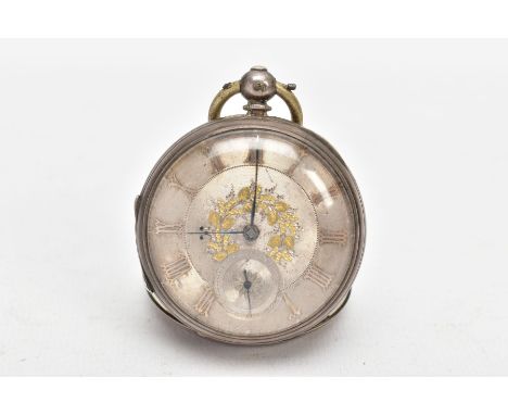 A MID-VICTORIAN SILVER OPEN FACE POCKET WATCH, round silver dial with gold floral detailing, Roman numerals, seconds subsidia