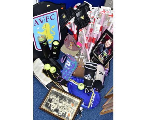 A BOX AND LOOSE SPORTS RELATED ITEMS to include a dartboard case with Aston Villa FC logo on the front and interior score boa