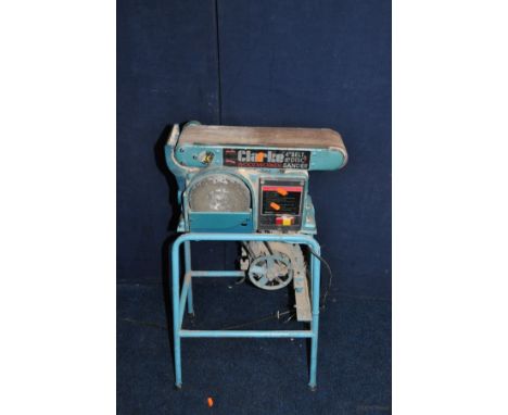 AN ADAPTED CLARKE WOODWORKER DISC AND BELT SANDER converted to belt drive, bespoke tubular metal stand holding motor with cha