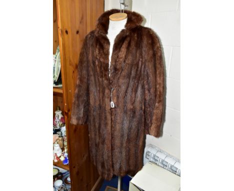 A LADIES CONEY FUR COAT, with hook fastenings at waist and collar, approximate size 12-14, approximate length 99cm (1)
