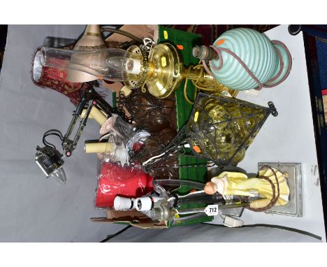 A BOX AND LOOSE LAMPS AND SHADES, ETC, to include a glass Art Deco style lamp, electric oil style lamp, metal and blown glass