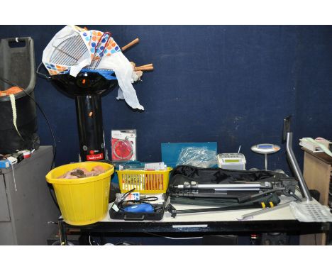 A ROBERTS DAB CLOCK RADIO, a Pure Clock radio, a Draper Rotary tool with accessories, a tripod, two monopods, a TV/monitor st