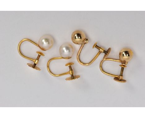 TWO PAIRS OF NON-PIERCED YELLOW METAL EARRINGS, the first a pair of plain polished ball earrings, screw back non-pierced fitt