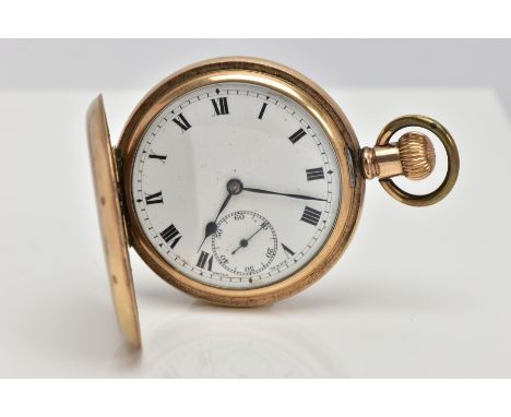 A GOLD-PLATED FULL HUNTER POCKET WATCH, round white dial, Roman numerals, seconds subsidiary dial at the six o'clock position