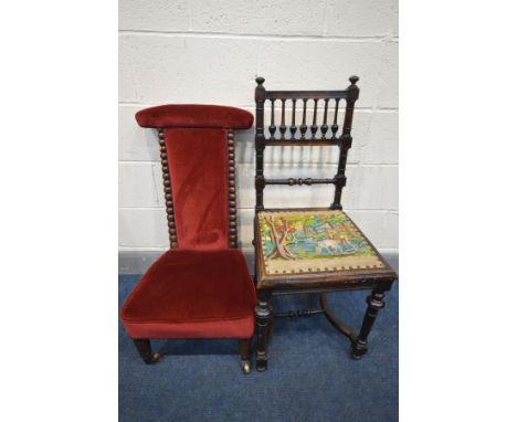 A VICTORIAN MAHOGANY BOBBIN TURNED PRAYER CHAIR with red upholstery, and a mahogany spindle back chair with an embroided seat