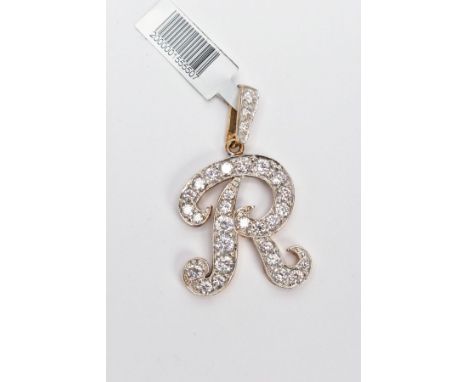 A 9CT GOLD CUBIC ZIRCONIA SET INITIAL 'R' PENDANT, large initial 'R' set with colourless cubic zirconia stones, fitted with a