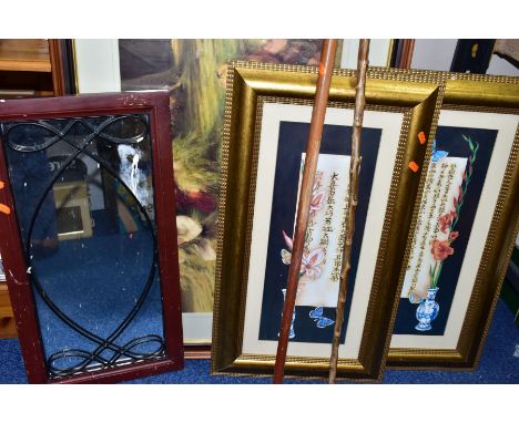 THREE PRINTS, A MIRROR AND TWO WALKING STICKS, comprising a pair of Oriental style prints with calligraphy flowers and butter