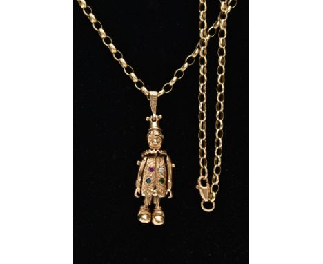 A 9CT GOLD CLOWN PENDANT AND CHAIN, the articulated clown set with four stones to the body, fitted with a tapered bail, hallm