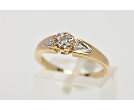 A 9CT GOLD DIAMOND RING, designed with a central illusion set round brilliant cut diamond, flanked with single cut diamond de