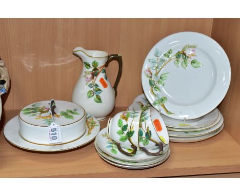 A LATE VICTORIAN ROYAL WORCESTER PART TEA SET MOULDED IN RELIEF WITH MOSS ROSE BUDS, comprising a circular muffin dish and co