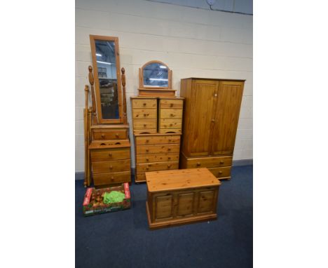 SEVEN VARIOUS PIECES OF PINE BEDROOM FURNITURE, to include a two door wardrobe, with two drawers, width 92cm x depth 54cm x h