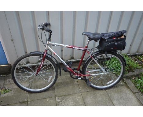 A DARK RED AND SILVER CHALLENGE VBX 5000 REBOUND MANS BIKE, with 18.5 frame, six speed shimano gears and luggage rack