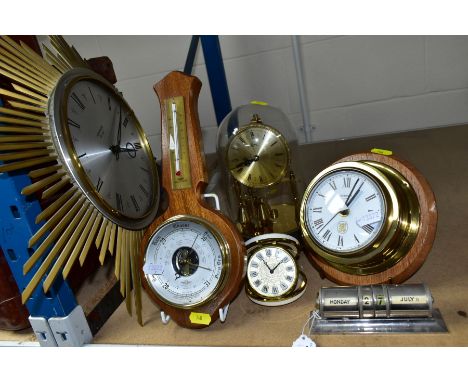 CLOCKS ETC COMPRISING A JUNGHANS ATO-MAT SUNBURST WALL CLOCK, Koma anniversary clock, German mechanical travel alarm clock, S