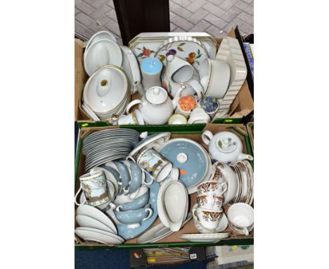 TWO BOXES OF TEA/DINNER WARES ETC, to include Royal Doulton 'Reflection' dinner plates, side plates, soup bowls, tureen etc, 