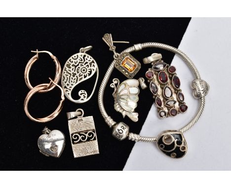 A BAG OF ASSORTED JEWELLERY, to include six pendants, such as a multi cut garnet set pendant, fitted with a tapered bail, a b