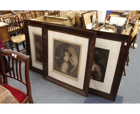 Three large portrait engravings in moulded wooden frames.
