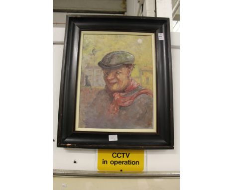 A bust length portrait of a man wearing a cap and a red scarf, oil on board.