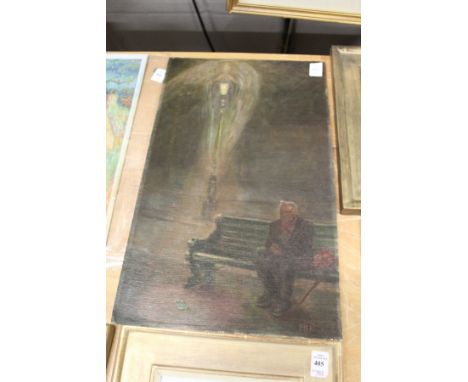 A Man Seated in a Bench by a Street Lamp oil on board, unframed.