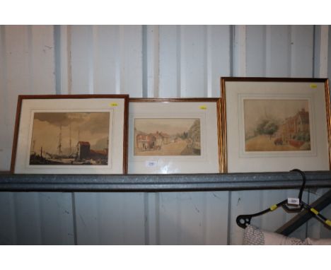 A pair of unsigned watercolour studies depicting street scenes and after Rowland Hilder, coloured print 1937